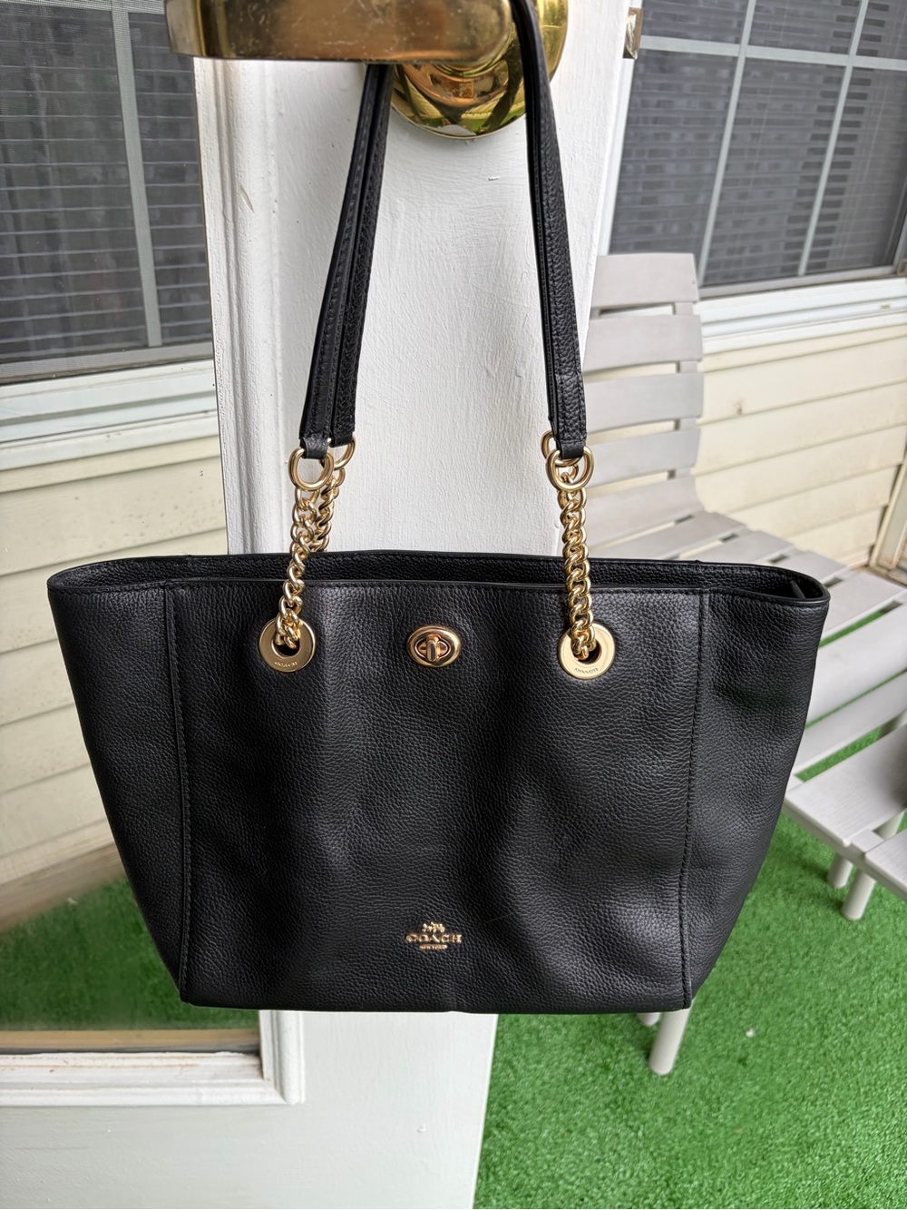 Coach Black Pebble Leather Tote with Gold Chain Handles